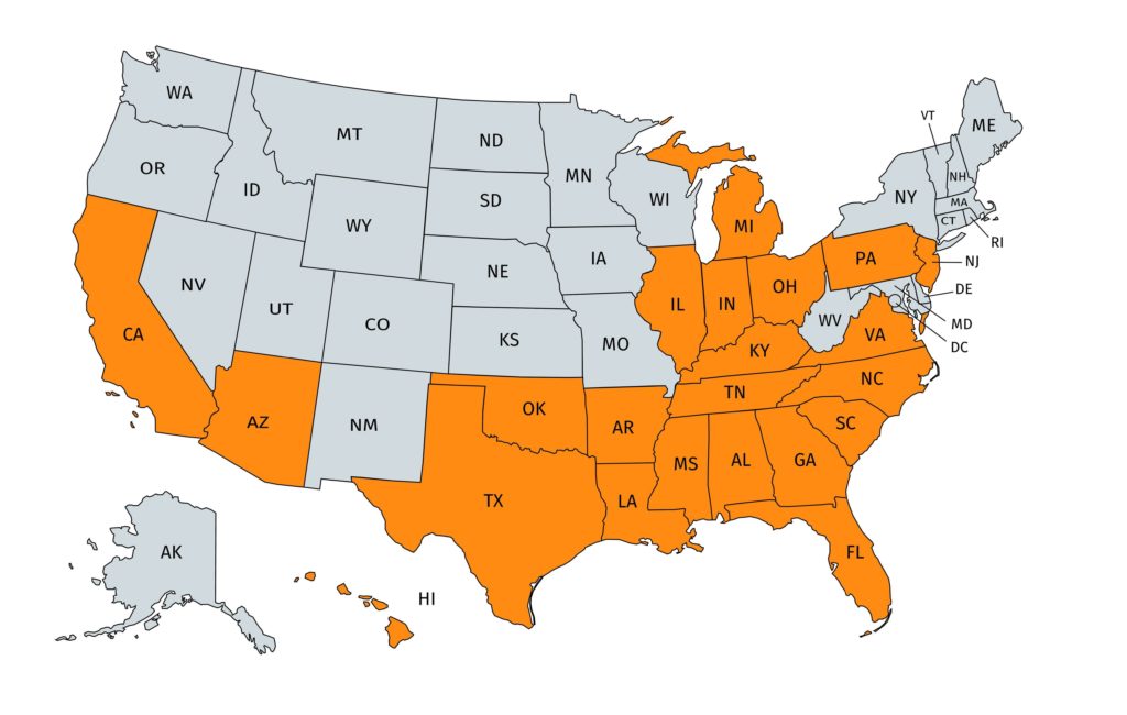 Buffalo Service States Map health insurance for CA, AZ, TX, OK, AR, LA, MS, AL, GA, FL, TN, NC, KY, VA, IL, IN, OH, PA, MI